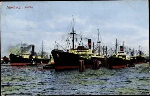 Ak Hamburg, Dampfschiffe vor Anker im Hafen, Lotsenboot