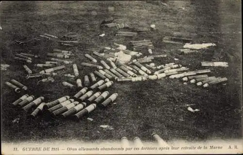 Ak deutsche Granaten, die von letzteren nach ihrem Rückzug aus der Marne zurückgelassen wurden, I WK