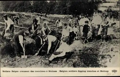 Ak Mechelen Malines Flandern Antwerpen, Soldats Belges creusant des tranchées, I. WK