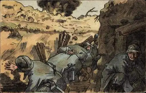 Künstler Ak Französische Soldaten im Schützengraben, Schlachtszene