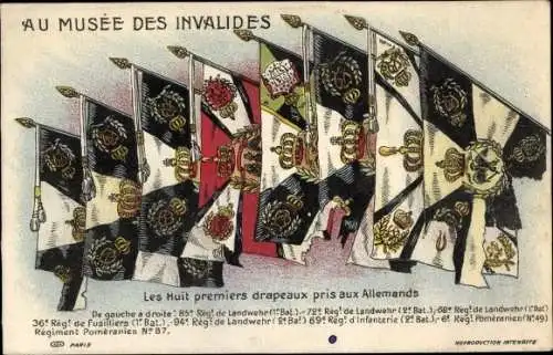 Ak Paris VII., Au Musée des Invalides, Les Huit premiers drapeaux pris aux Allemands