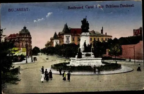 Ak București Bukarest Rumänien, Boulevard Carol I, Brătianu Denkmal