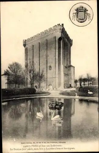 Ak Pons Charente Maritime, Le Donjon, La piece d'eau et les eygnes