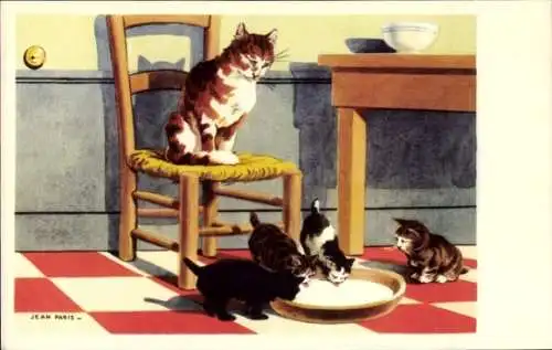 Künstler Ak vier junge Katzen trinken aus einem Napf, Katzenmutter auf einem Stuhl