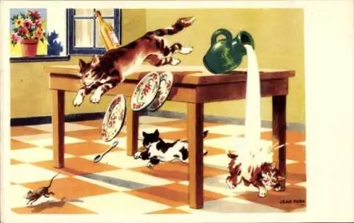 Künstler Ak Katze auf Mäusejagd, Tisch, umgestoßener Krug, Teller