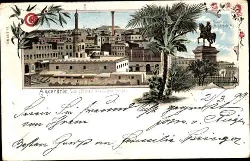 Litho Alexandria Ägypten, Gesamtansicht, Mehmed-Ali-Denkmal