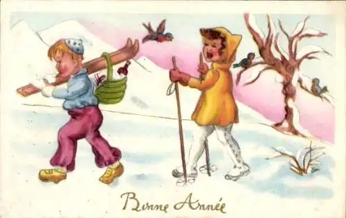 Ak Glückwunsch Neujahr, Kinder mit Skiern und Skistöcken