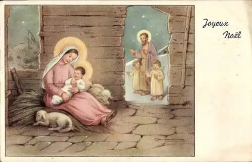 Ak Glückwunsch Weihnachten, Maria mit Jesus im Stall, Engel
