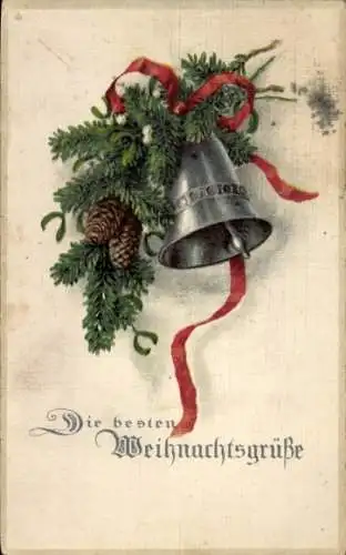Ak Glückwunsch Weihnachten, Glocke, rotes Schleifenband, Tannenzweige