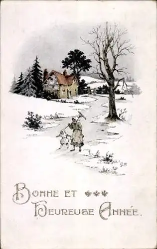 Ak Glückwunsch Neujahr, Frau und Mädchen in einer Winterlandschaft