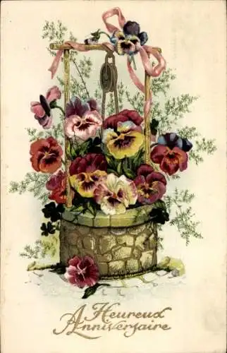 Ak Glückwunsch Geburtstag, Brunnen mit Stiefmütterchen
