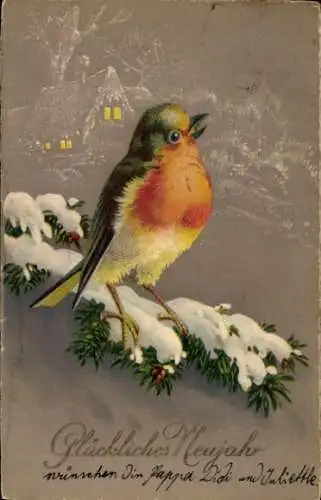 Ak Glückwunsch Neujahr, Vogel auf einem schneebedeckten Ast