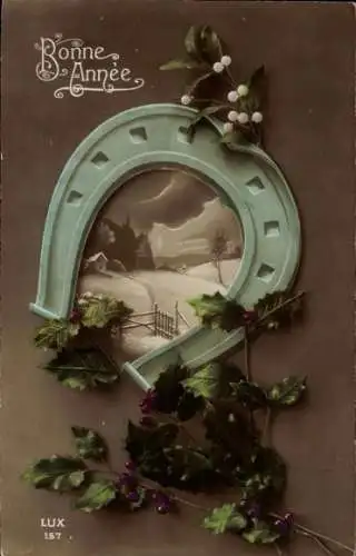 Ak Glückwunsch Neujahr, Hufeisen, Misteln, Stechpalmenzweige, Winterlandschaft