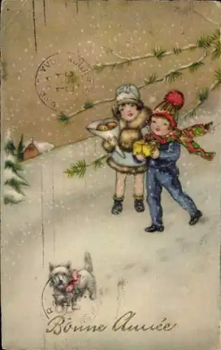 Ak Glückwunsch Neujahr, Kinder und Hund im Schnee