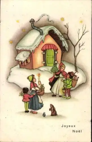 Ak Glückwunsch Weihnachten, Kinder vor einem schneebedeckten Haus