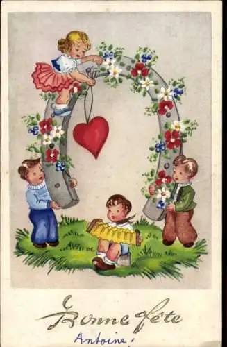 Ak Glückwunsch Geburtstag, Mit Blumen geschmücktes Hufeisen, Herz, Kinder