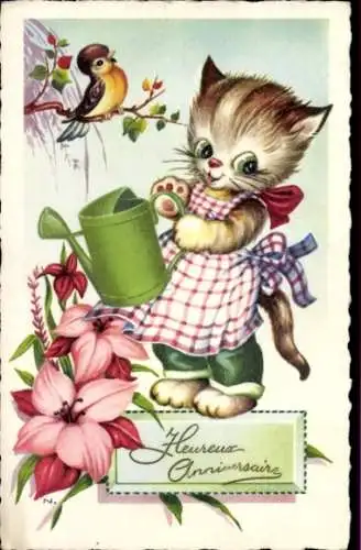 Ak Glückwunsch Geburtstag, Vermenschlichte Katze mit Gießkanne, Blumen, Vogel