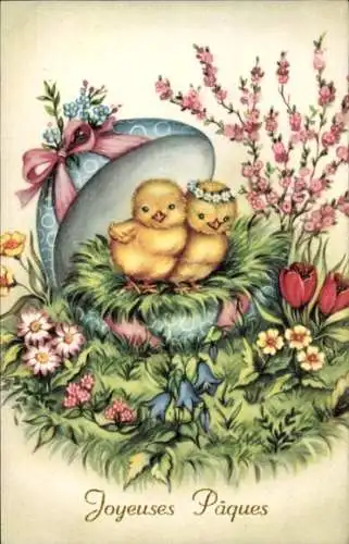 Ak Glückwunsch Ostern, Zwei Küken im Nest, Blumenwiese