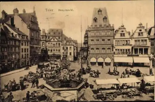 Ak Trier, Hauptmarkt, Brunnen, Stände, Geschäft Fr. Patheiger, Straßenbahn