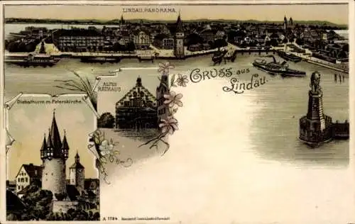 Litho Lindau am Bodensee Schwaben, Panorama, Hafen, Rathaus, Diebsturm