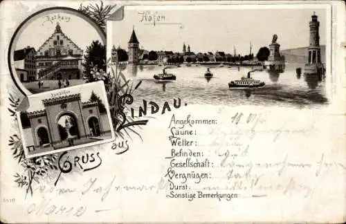Litho Lindau in Bodensee Schwaben, Rathaus, Hafen, Leuchtturm, Landtor
