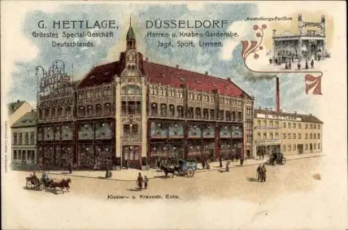 Litho Düsseldorf am Rhein, Ecke Klosterstraße Kreuzstraße, G. Hettlage, Ausstellungspavillon