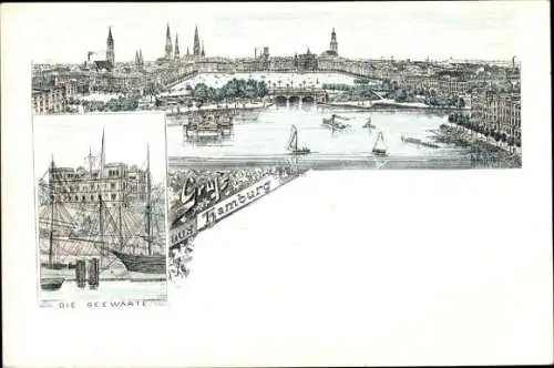 Litho Hamburg Mitte St. Pauli, Seewarte, Panorama