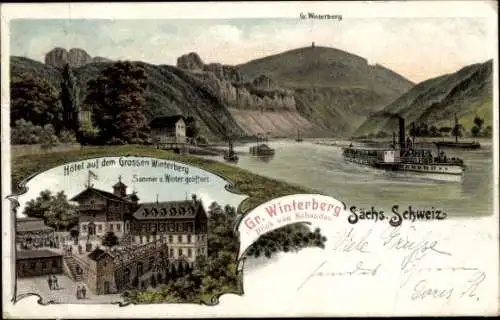 Ak Bad Schandau Sächsische Schweiz, Hotel auf dem Gr. Winterberg, Salondampfer