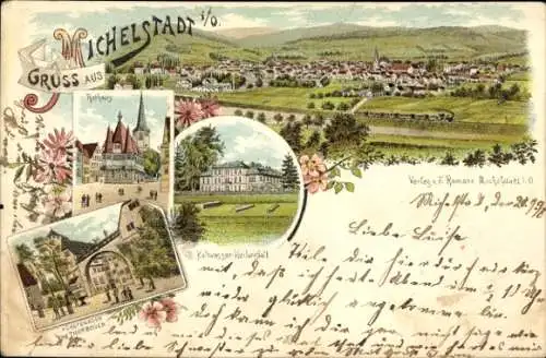 Litho Michelstadt im Odenwald, Fürstenmauer, Torbogen, Rathaus, Kaltwasser Heilanstalt, Totalansicht