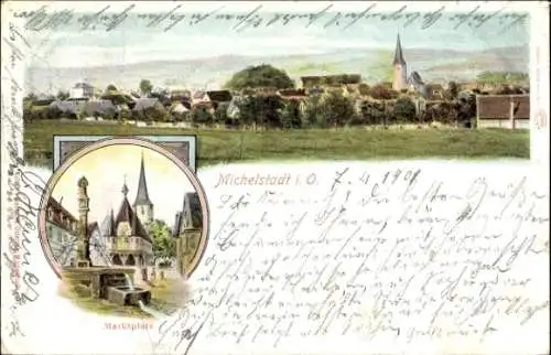 Litho Michelstadt im Odenwald, Teilansicht vom Ort, Marktplatz