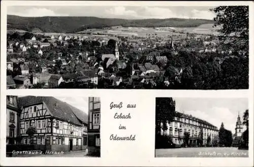 Ak Erbach im Odenwald Hessen, Gesamtansicht, Gasthaus zum Hirsch, Schloss, Kirche