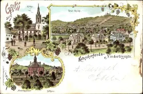 Litho Kötzschenbroda Radebeul Sachsen, Kirche, Rathaus, Totalansicht von Ort