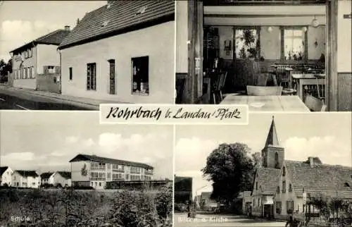 Ak Rohrbach in der Pfalz, Schule, Straßenpartie, Kirche