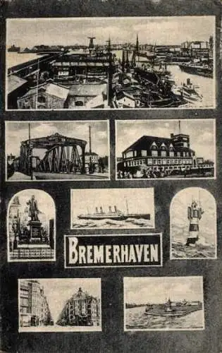 Ak Bremerhaven, Hafen, Brücke, Leuchtturm, Dampfer, Denkmal