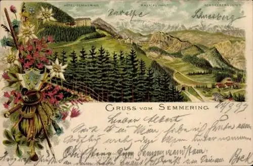 Litho Semmering in Niederösterreich, Gesamtansicht, Hotel, Raxalpe, Schneeberg, Rucksack, Edelweiß