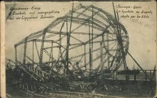 Ak Thessaloniki Griechenland, Skelett von einem abgeschossenen Zeppelin, I WK