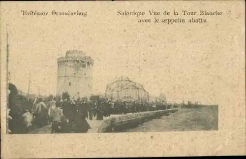 Ak Thessaloniki Griechenland, Skelett von einem abgeschossenen Zeppelin, I WK