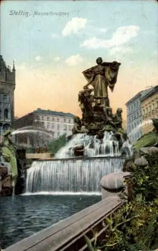 Ak Szczecin Stettin Pommern, Manzelbrunnen, Statue