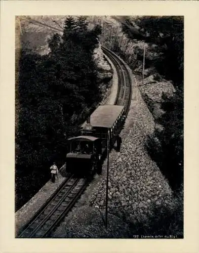 Foto um 1880, Rigi Goldau Arth Kanton Schwyz, Chemin de Fer de Rigi, Dampfeisenbahn, Zahnradbahn