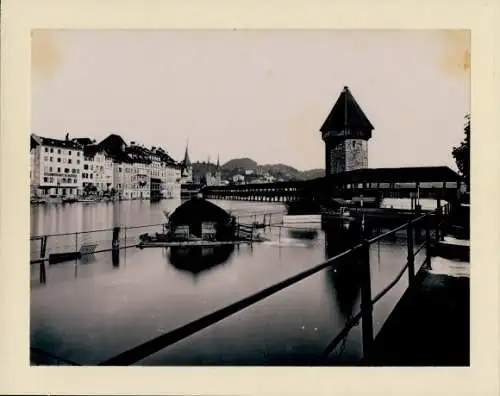 Foto 1885, Luzern Stadt Schweiz, Spreuerbrücke, Speisewirtschaft zur Mostrose, Hotel du soleil