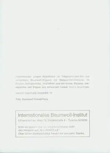 Foto Internat. Baumwoll Institut, Frankfurt Main, Model in Abendkleid von Andre Courreges, 1971