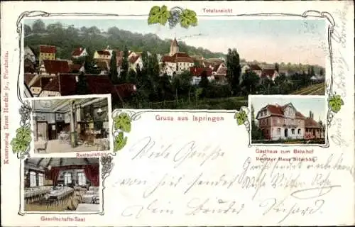 Ak Ispringen in Baden Württemberg. Gasthaus zum Bahnhof, Innenansicht, Totalansicht