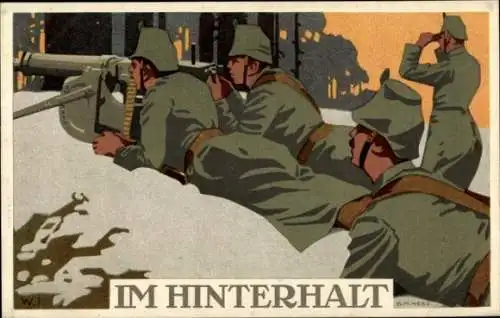 Steindruck Ak Im Hinterhalt, Soldaten mit Maschinengewehr