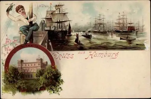 Litho Hamburg St. Pauli, Segelschiffhafen mit Seewarte, Matrose am Mast