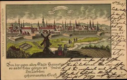 Litho Hannover in Niedersachsen, Panorama, Stadt im Jahre 1750