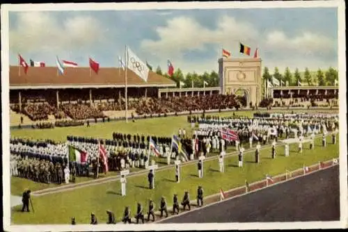 Sammelbild Olympia 1936, Olympische Spiele 1920 Antwerpen, Aufmarsch der Nationen, Stadion