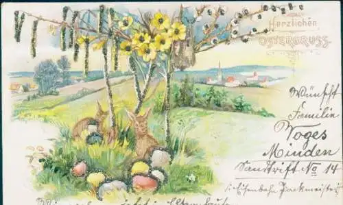 Glitzer Litho Glückwunsch Ostern, Osterhasen, Ostereier, Wiese