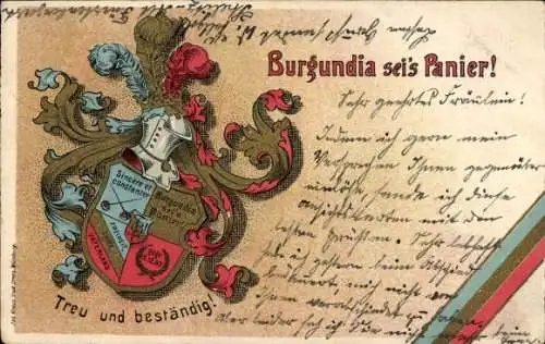 Studentika Wappen Litho Burgundia sei's Panier, Studentischer Verein, Treu und beständig