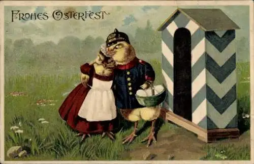 Präge Ak Frohe Ostern, Patriotik, Küken in Uniform, Wachmann, Ostereier