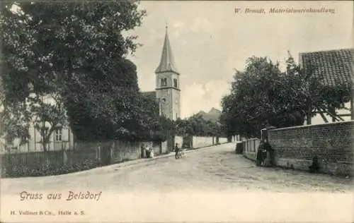 Ak Belsdorf Wefensleben in Sachsen Anhalt, Straßenpartie, Kirche